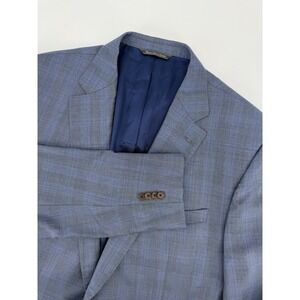 David Donahue Suit 48L Blue Plaid Wool Two Piece Blazer Pants Set 42L Cuffed‎